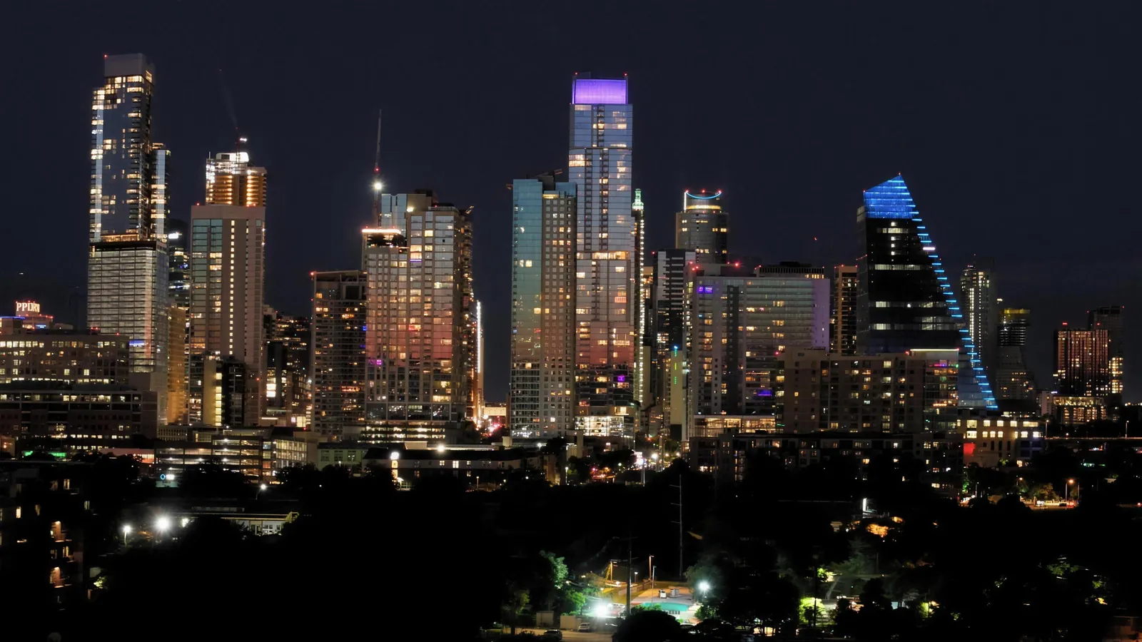 Elevated view of the downtown Austin skyline at night